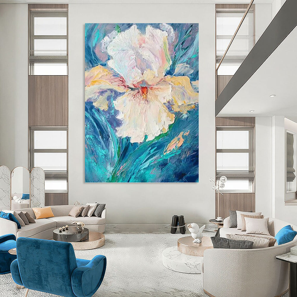 “Textured White Flower on Blue” - White, Pink & Blue Impasto Floral Painting On Canvas DKH0942
