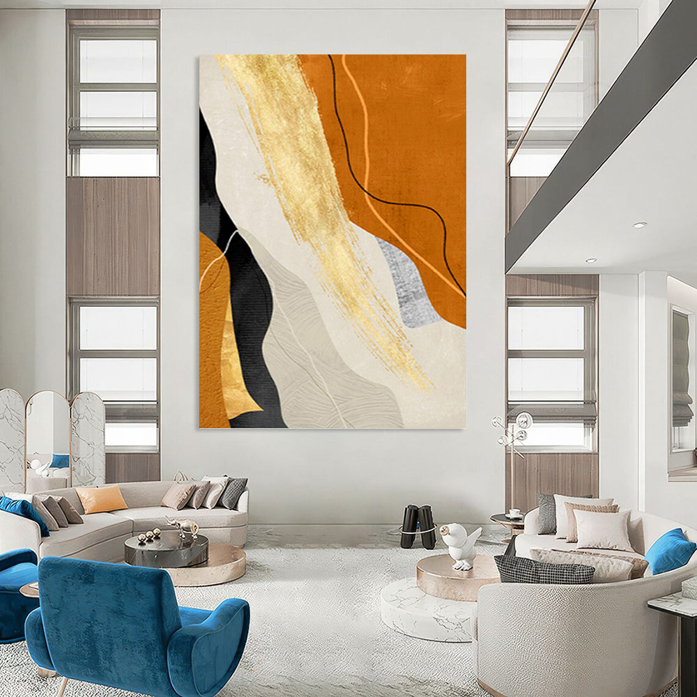 “Golden Flow” - Orange, Gold & Neutral Abstract Curves Painting On Canvas DKH1517