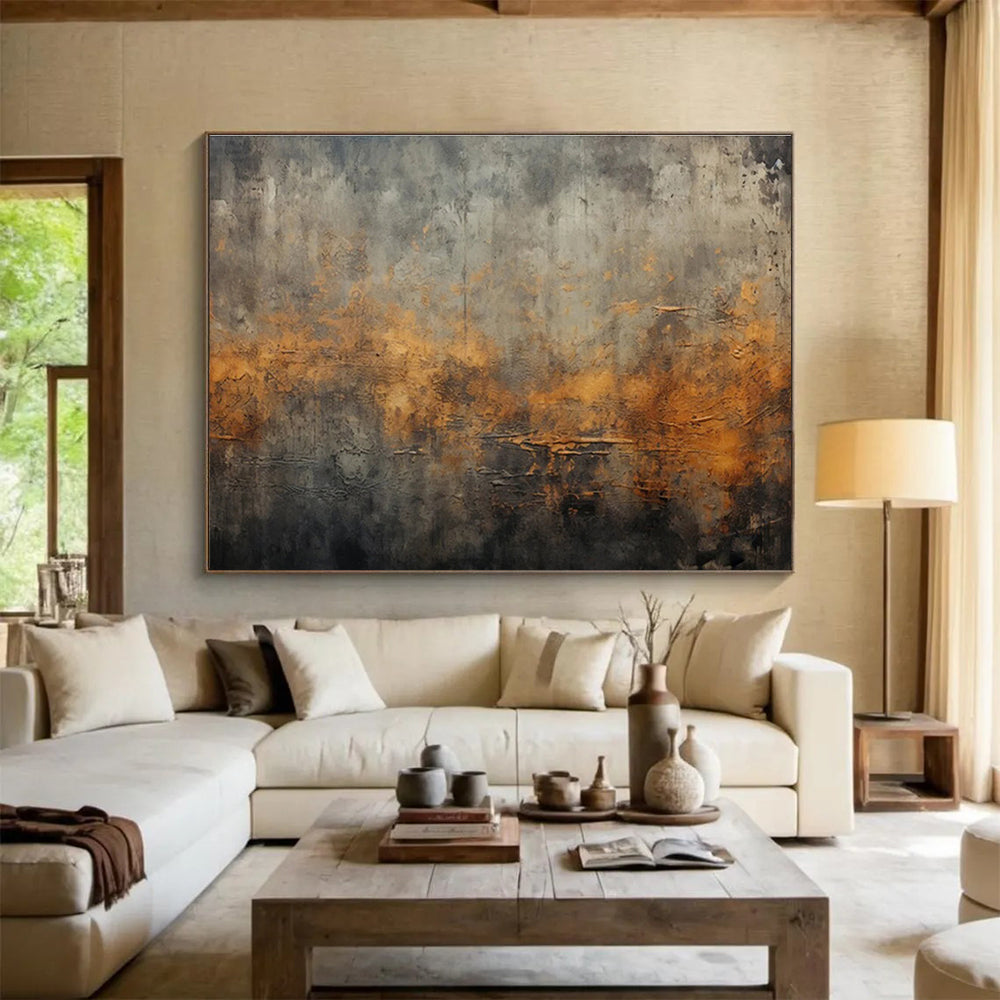 “Gray & Orange Textured Abstraction” Impasto Abstract Painting On Canvas DKH369