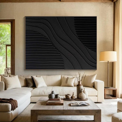 Black and White Textured Abstract “Curved Textured Contrast” Painting On Canvas DKH098