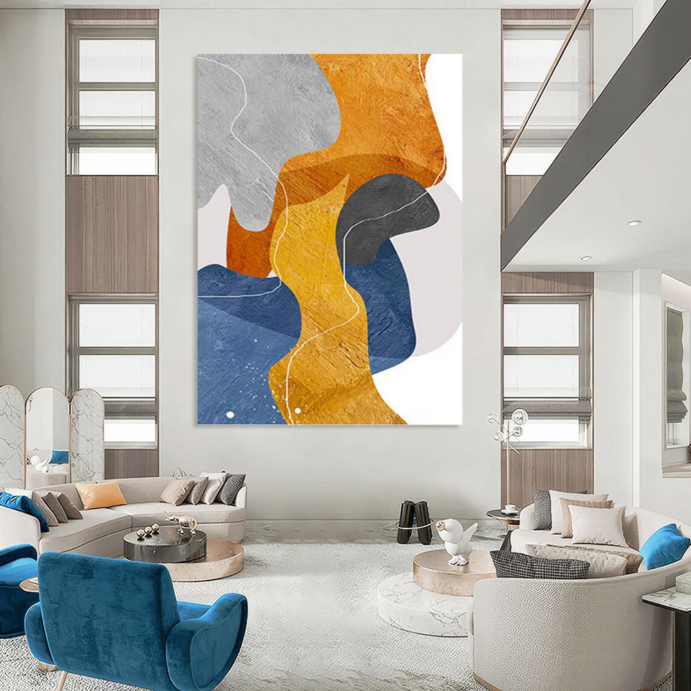 “Color Block Pathways” - Gray, Orange, Yellow & Blue Abstract Shapes Painting On Canvas DKH1550