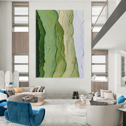 “Green Textured Ridges” - Green & White Impasto Abstract Painting On Canvas DKH1196