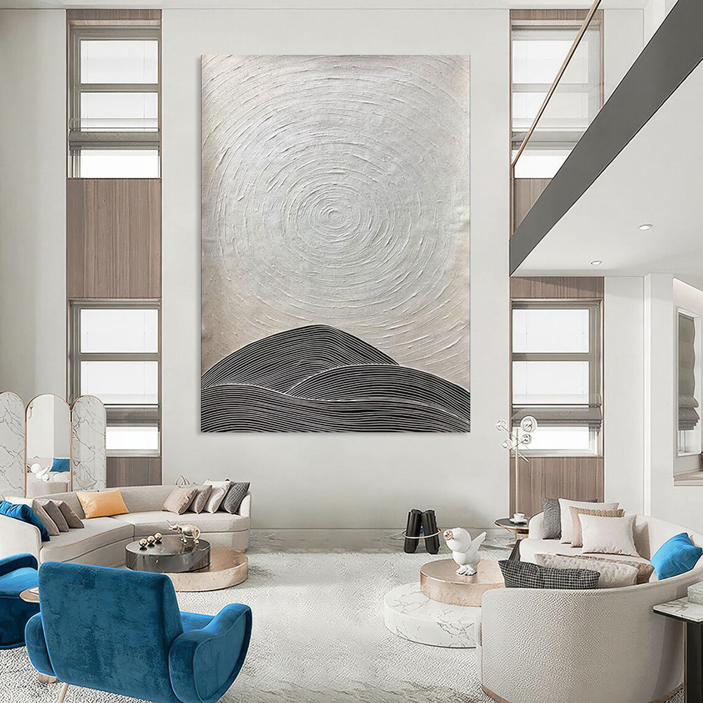 Black - and - White Rings and Hills Minimalist Abstract Art CT1960