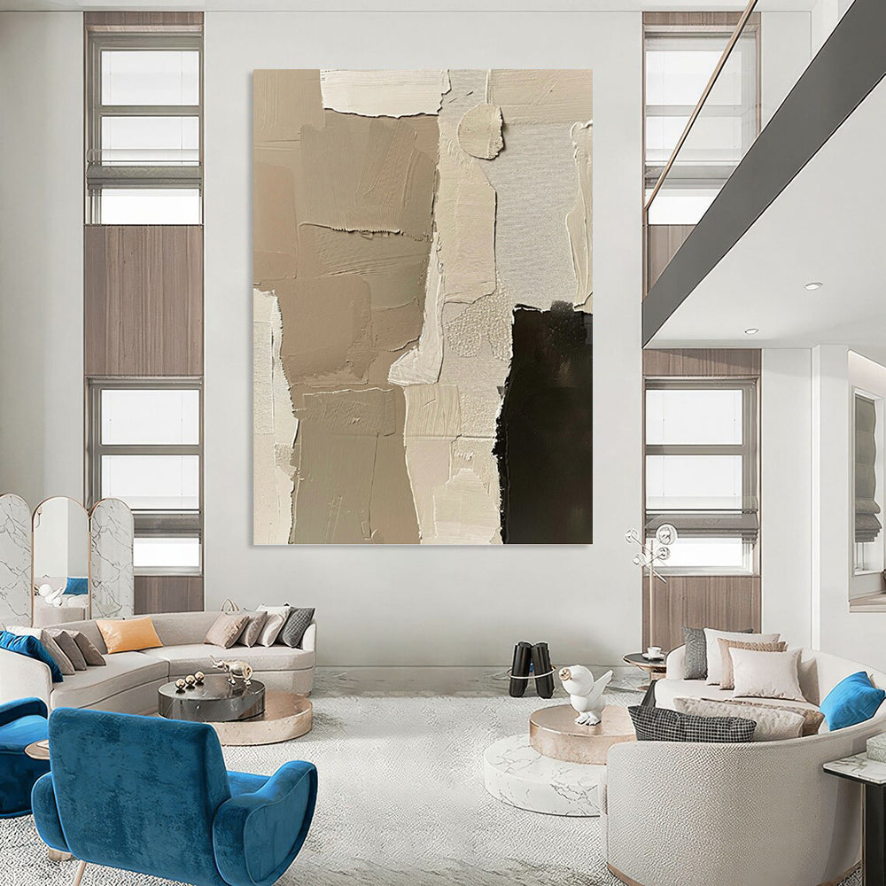 “Neutral Patchwork” - Beige & Black Layered Textures Painting On Canvas DKH1161