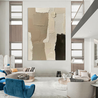 “Neutral Patchwork” - Beige & Black Layered Textures Painting On Canvas DKH1161