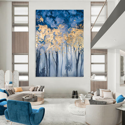 “Blue - Gold Forest Enchantment” - Blue, Gold & Gray Tree - Themed Painting On Canvas DKH0936