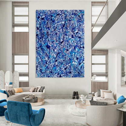 “Chaotic Blue Web” - Blue, White, and Black Abstract Drip Painting On Canvas DKH1560