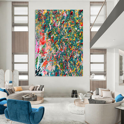 “Color Explosion on Teal” - Abstract Expressionist - Style Painting On Canvas DKH1682