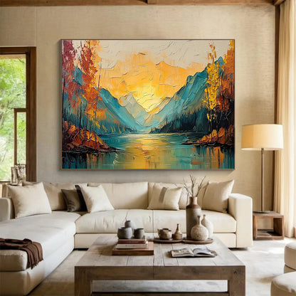 “Autumn Mountain Lake - Warm Gold & Cool Teal Landscape Painting On Canvas” DKH861