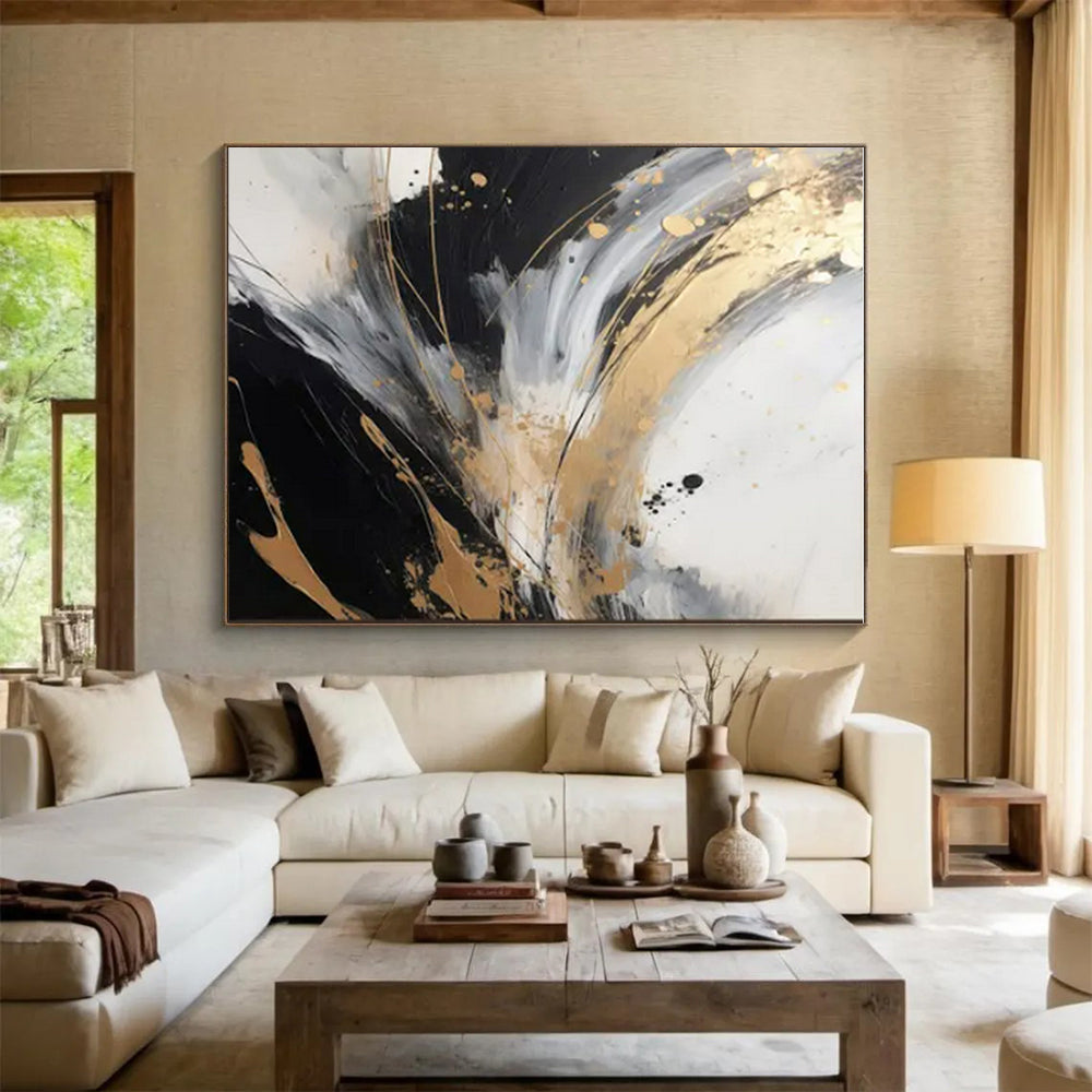 “Black - White - Gold Swirling Textures” ，Abstract Acrylic Painting CT0847