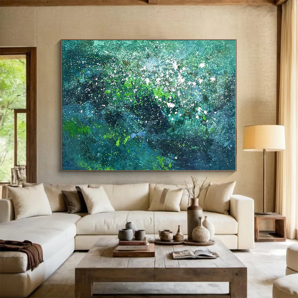 Teal - Green with White Specks, “Underwater Galaxy” - Abstract Acrylic Painting CT0717