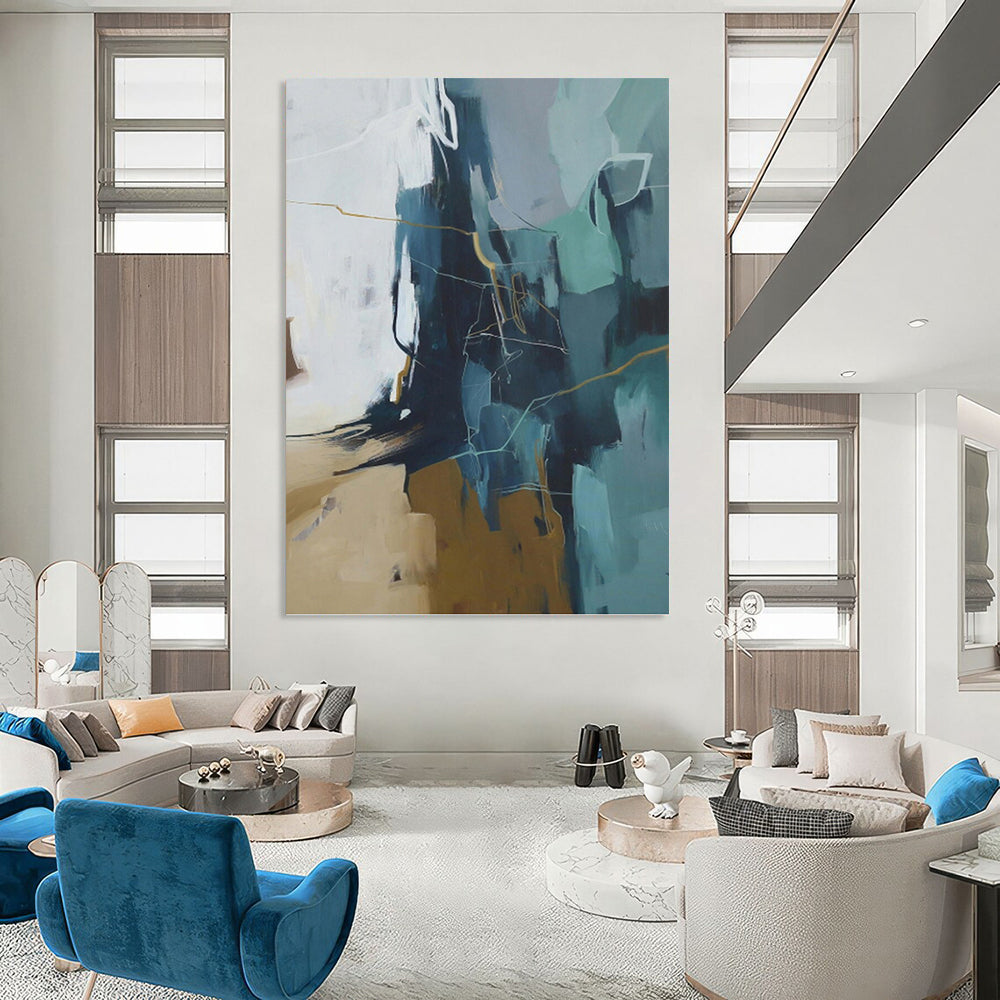 “Blue, Gray & Gold Abstract Geometry” - Blue, Gray, Gold & White Modernist Painting On Canvas DKH1016