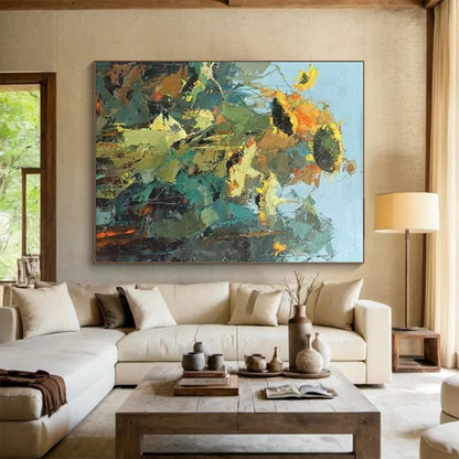 Impasto Sunflower Blooms, “Sunflower Symphony” - Impressionistic Abstract Oil Painting CT0732