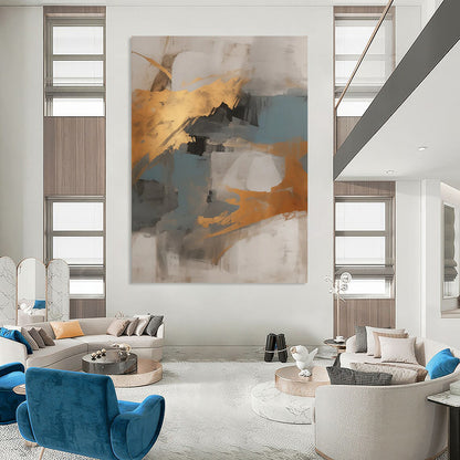 “Gray - Gold Abstract Shapes” - Modernist Abstract Painting On Canvas DTP136