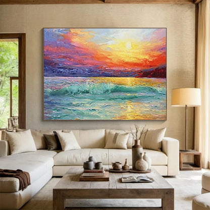 Vivid Sunset Seascape - Orange, Pink & Teal Ocean Painting On Canvas DKH892