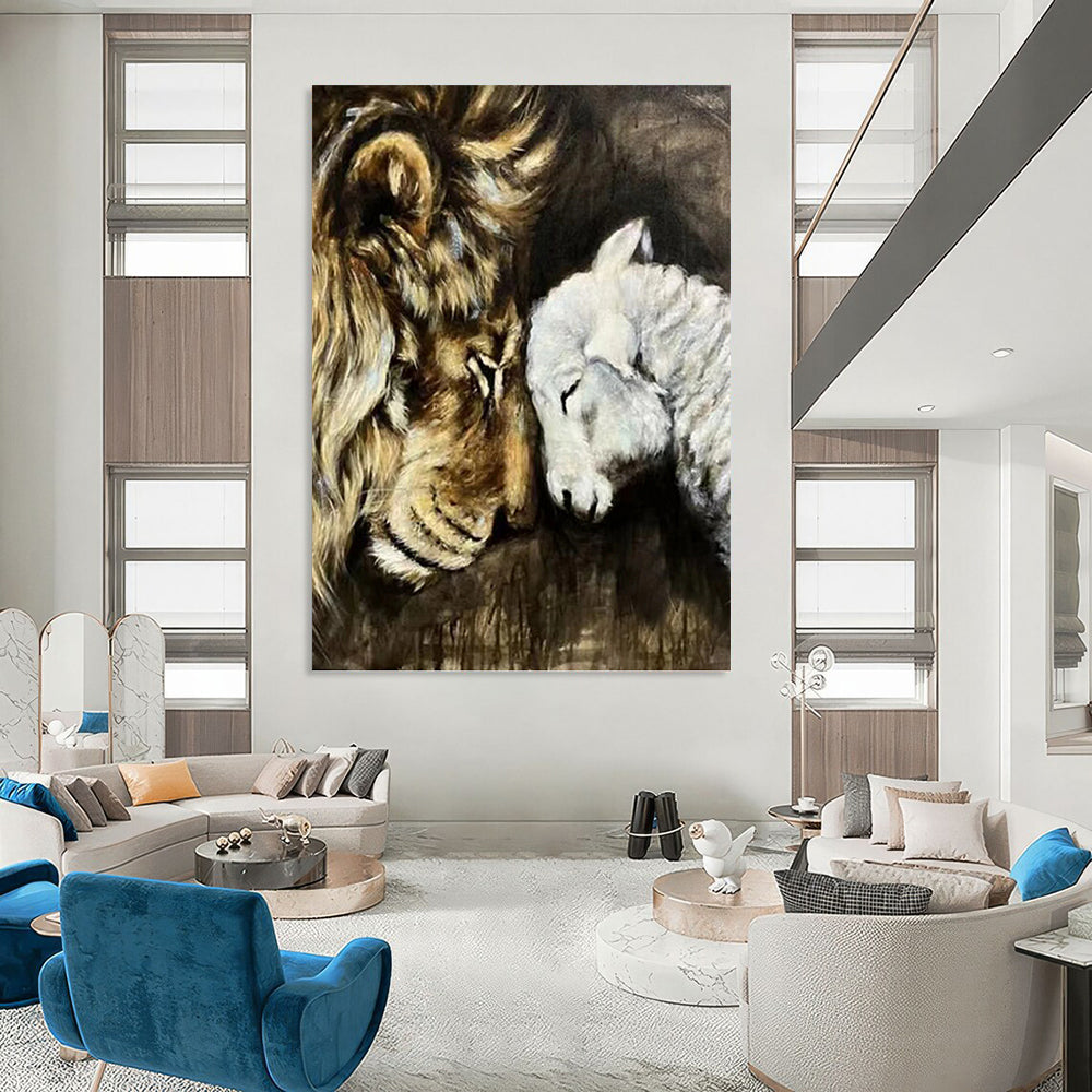 Lion and Lamb in Harmony - Wildlife Painting On Canvas DKH1452