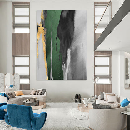 “Gilded Green Streak” - Green, Gold, Gray & White Abstract Brushstrokes Painting On Canvas DKH1522