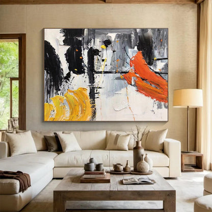 Abstract Black, White, and Orange Strokes Painting On Canvas DKH187
