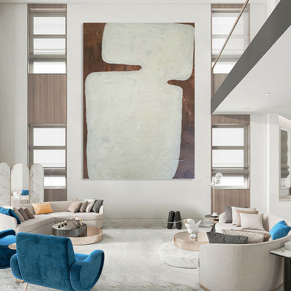 “White Abstract Shape on Brown Background” - Minimalist Abstract Painting On Canvas DKH1082