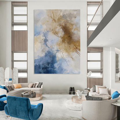 “Blue & Beige Abstract Clouds” - Blue, Beige & White Airy Painting On Canvas DKH1020