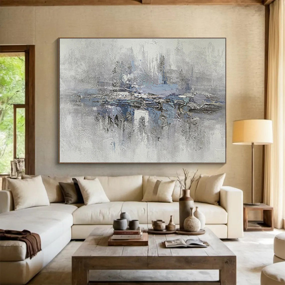 “Gray & Blue Misty Reflection” Abstract Landscape Painting On Canvas DKH349