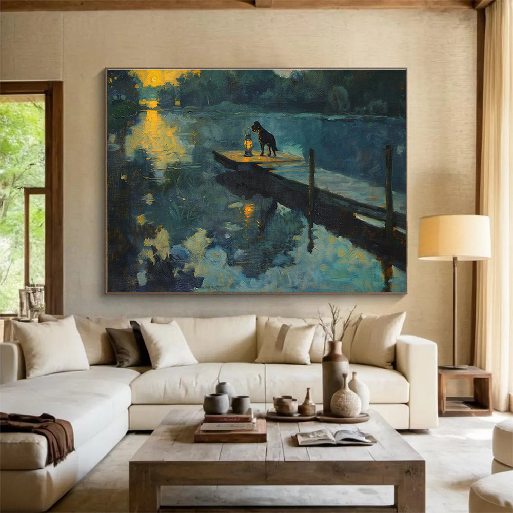 Dog by Lantern at Sunset River Realistic Painting On Canvas DKH221