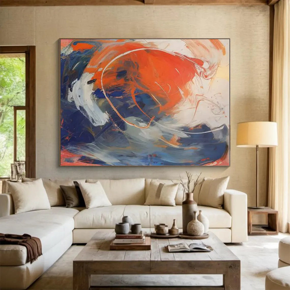“Orange - Blue - White Abstract Swirls” ，Abstract Acrylic Painting CT0843