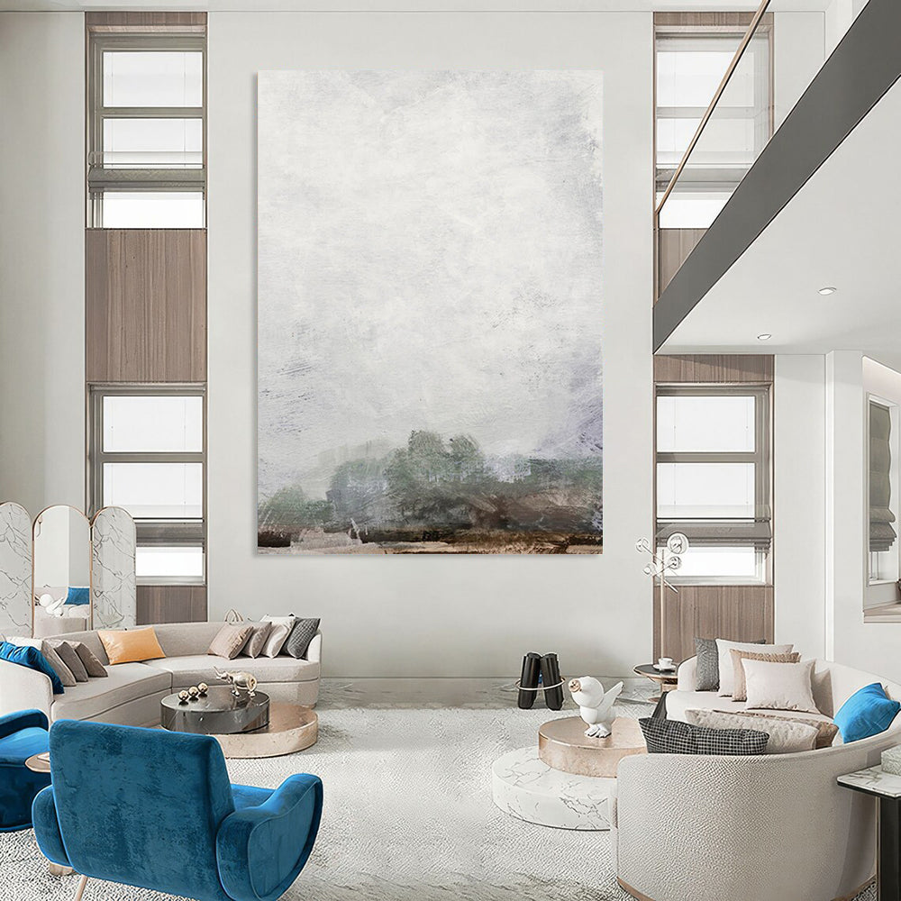 “Foggy Gray Horizon” - Gray, Green Abstract Landscape Painting On Canvas DTP222