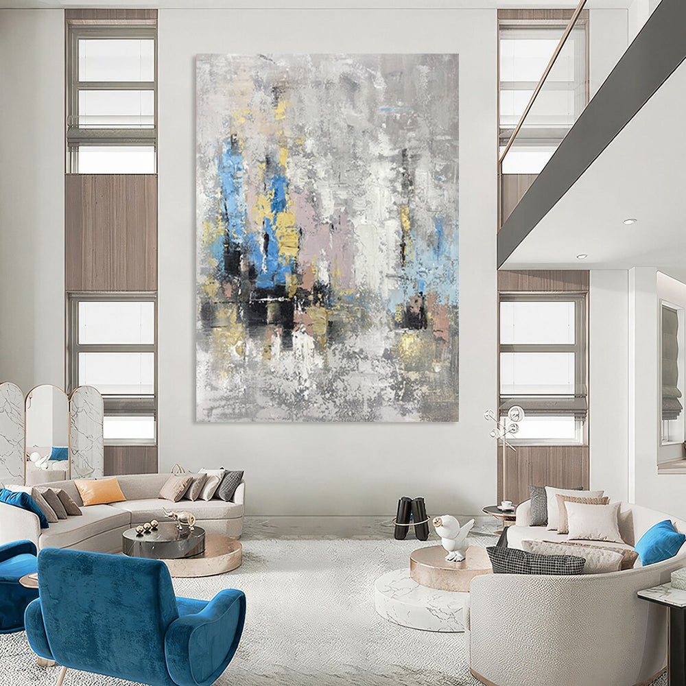 “Gray and Colorful Abstract City” - Gray, Blue, Yellow, Pink Abstract Painting On Canvas DTP248