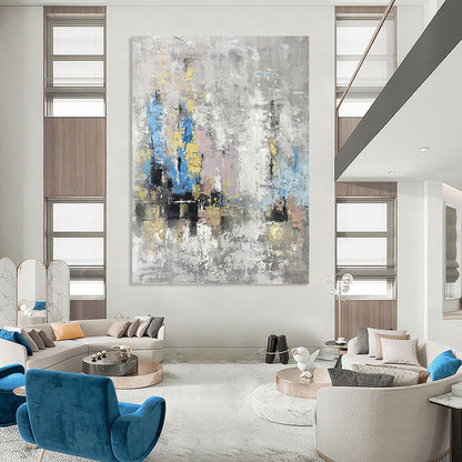 “Gray and Colorful Abstract City” - Gray, Blue, Yellow, Pink Abstract Painting On Canvas DTP248