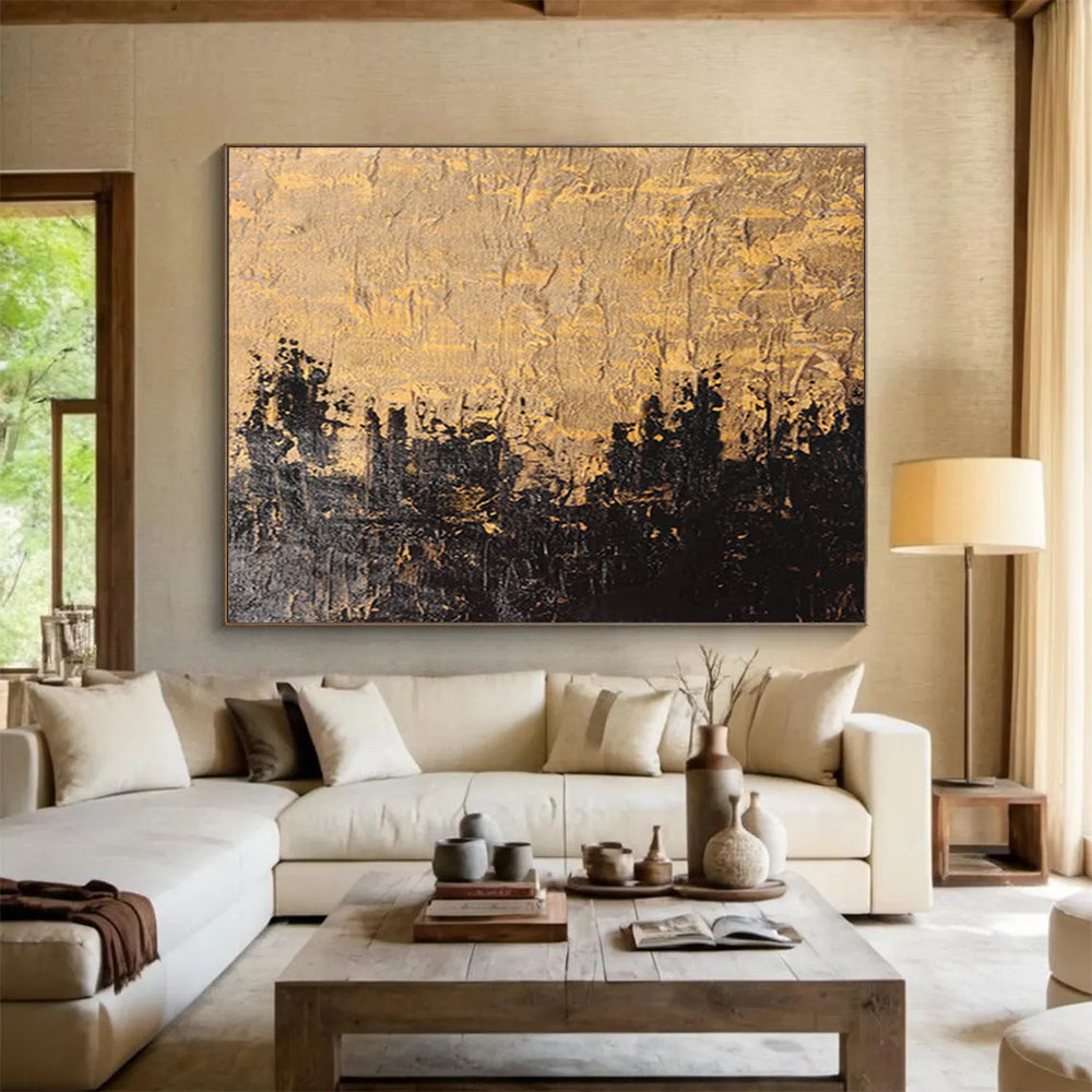 “Textured Gold and Black - Abstract Landscape” Painting On Canvas DKH020