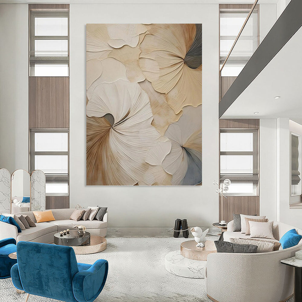 3D Floral Petals in Beige and Gray - Textured Floral Painting On Canvas DKH1383