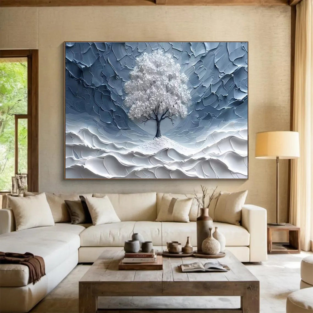 “White Tree in Textured Blue” - Minimalist Impasto Painting On Canvas DKH829