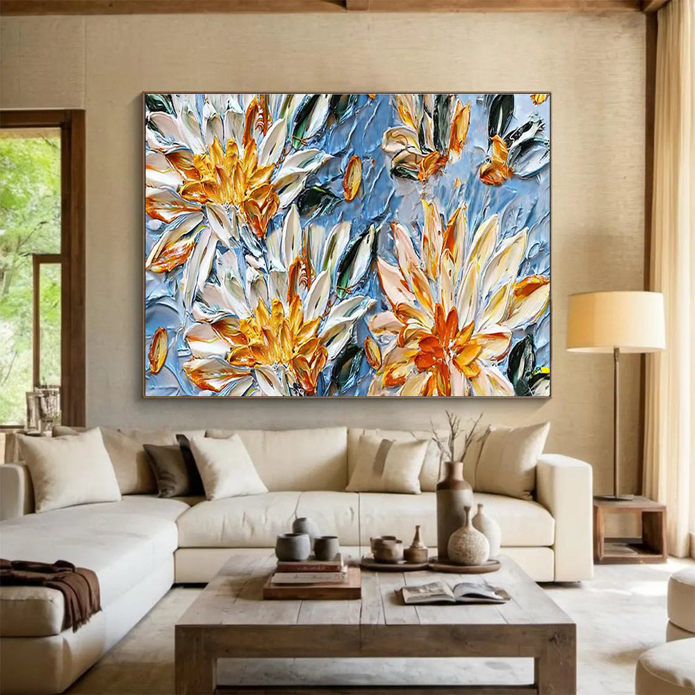 Yellow & White Floral Textures - Blue, Yellow & White Botanical Painting On Canvas DKH896