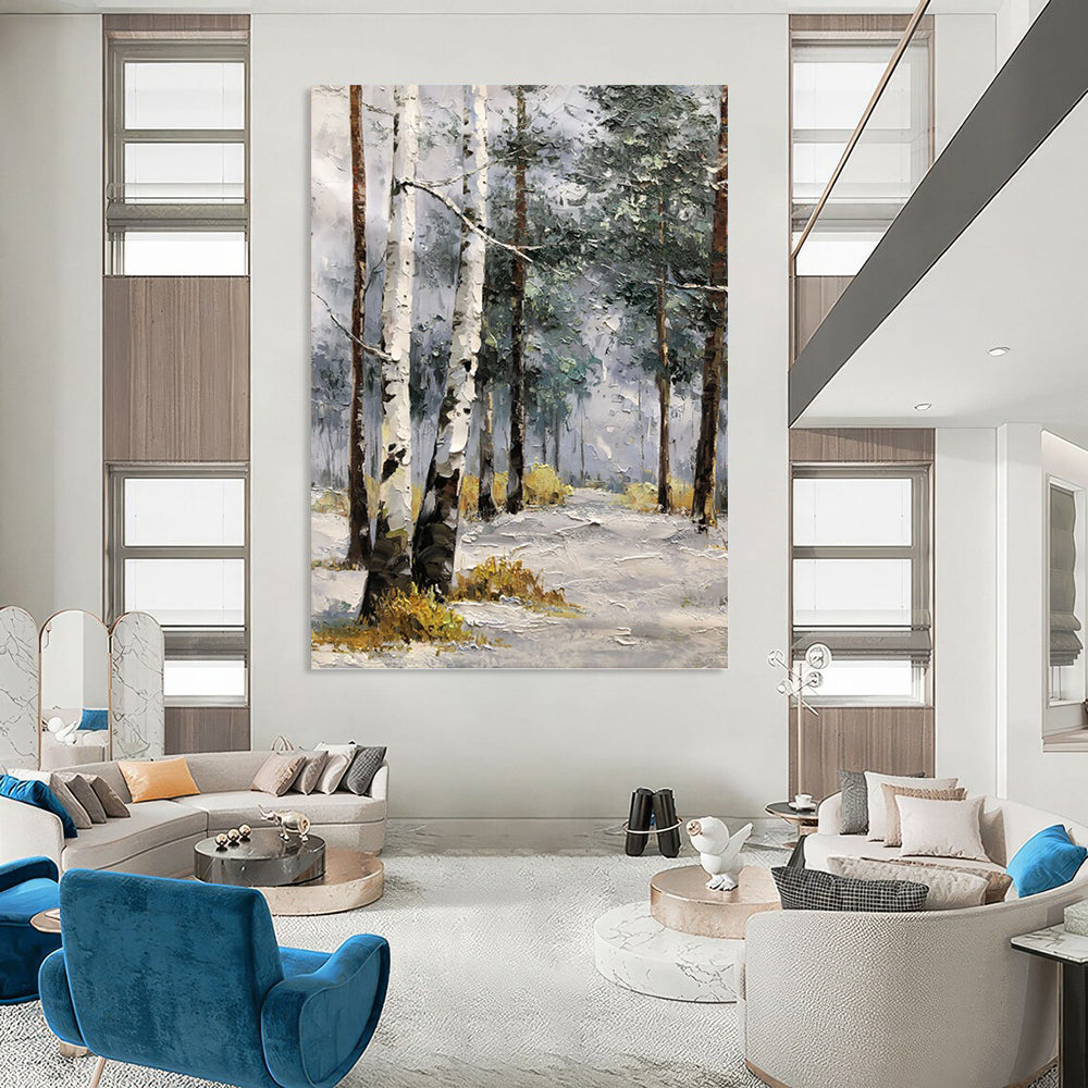 Frosty Forest Path in Cool Tones - Winter Landscape Painting On Canvas DKH1283