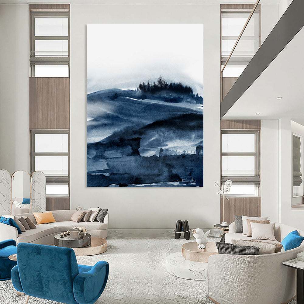 “Blue Watercolor Landscape” - Blue, White Abstract Landscape Painting On Canvas DTP230