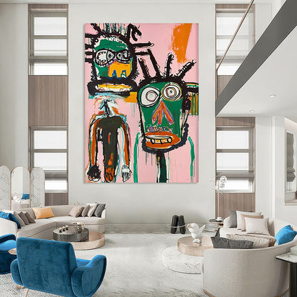 “Dual Tribal Figures on Pink” - Basquiat - Inspired Street Art Painting On Canvas DTP106