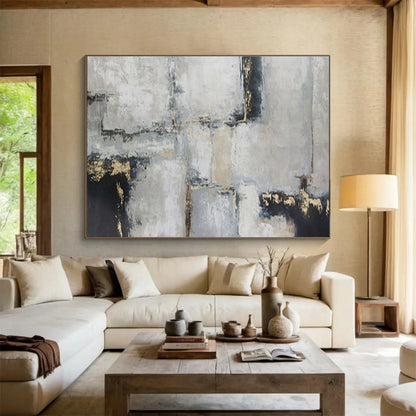“Gray, Black & Gold Geometric Abstraction” Abstract Textured Painting On Canvas DKH351