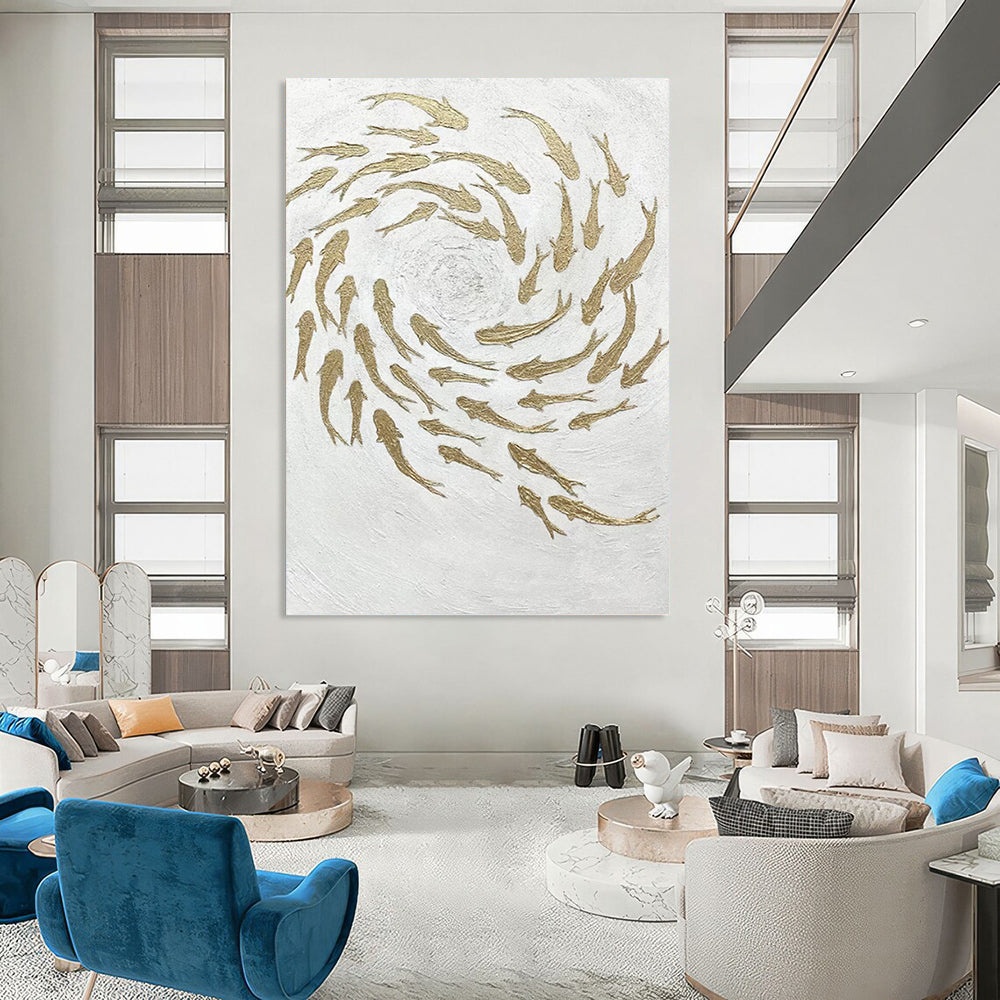 “Golden School” - White & Gold Textured Fish - Swarm Painting On Canvas DKH1544