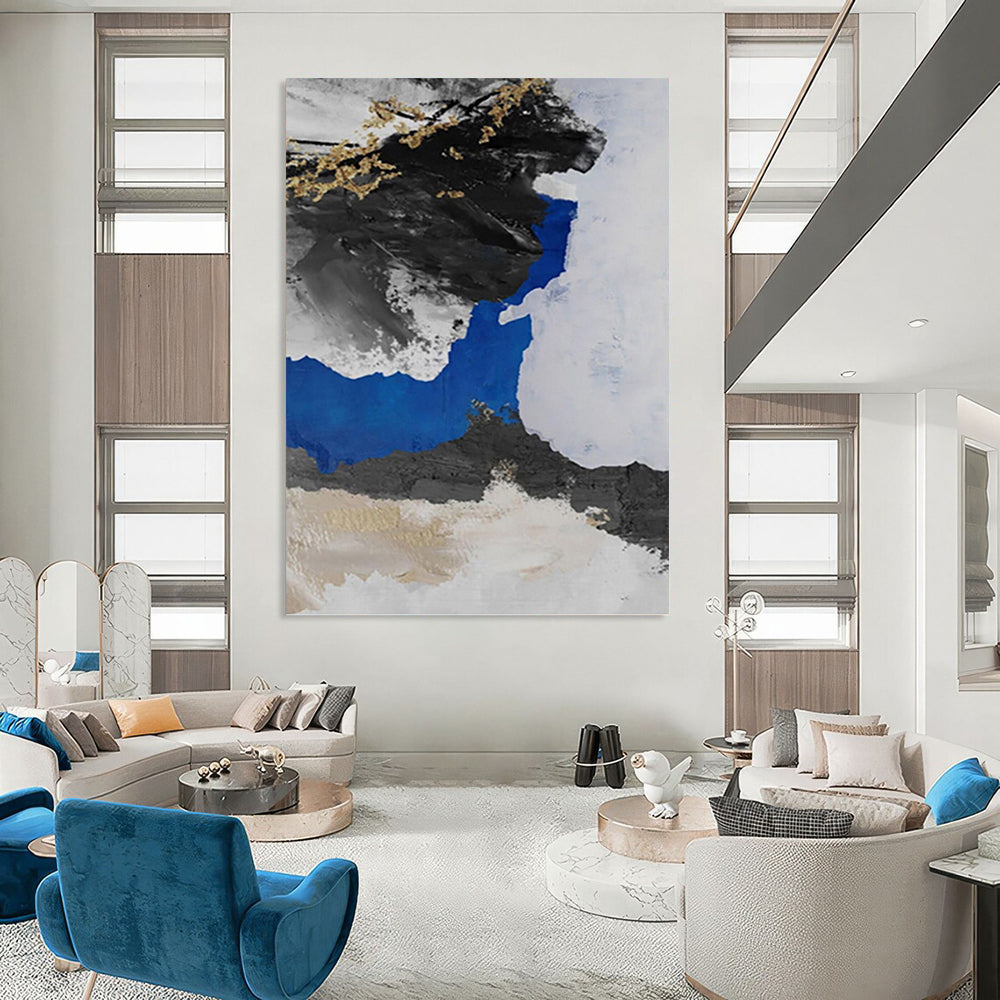 “Black - Blue - Gold Abstract Ink - Inspired” Painting On Canvas DKH1231