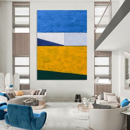“Blue, Yellow, and Green Color - Blocked Abstract” - Minimalist Geometric Painting On Canvas DKH1096