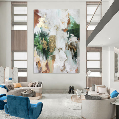 “Multicolor Abstract with Gold” - Green, Gold, Brown & White Eclectic Painting On Canvas DKH1011