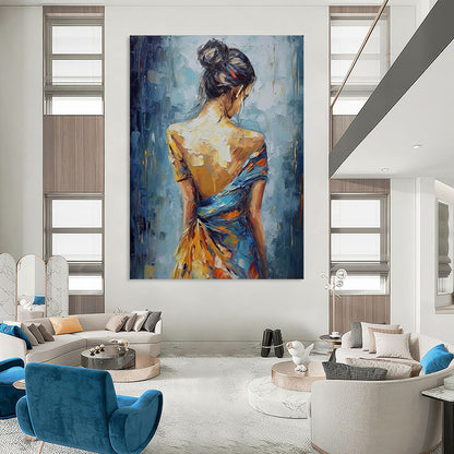 “Back View of Colorful - Dressed Woman” – Impressionistic Figure Oil Painting On Canvas CT2137