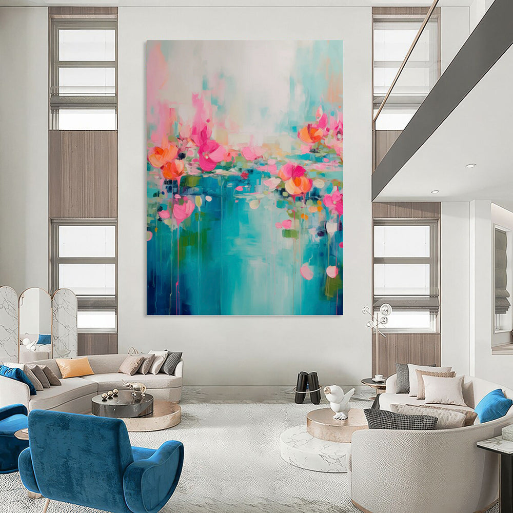 “Turquoise, Pink & Orange Floral Abstract Drip” Painting On Canvas DKH0993