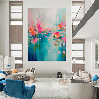 “Turquoise, Pink & Orange Floral Abstract Drip” Painting On Canvas DKH0993