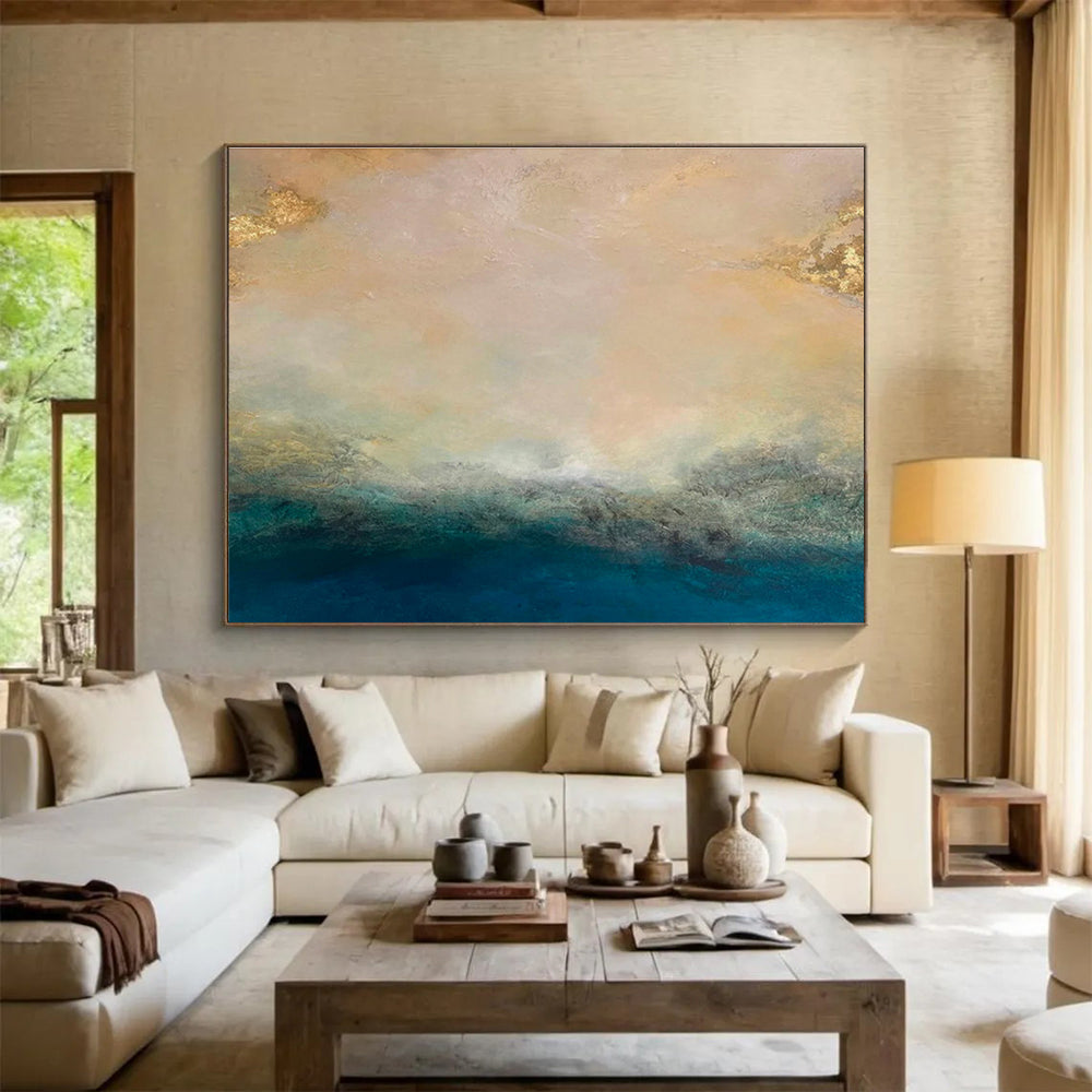 “Gold - Tipped Abstract Horizon” - Soft Multicolor Abstract Landscape Painting On Canvas DKH770