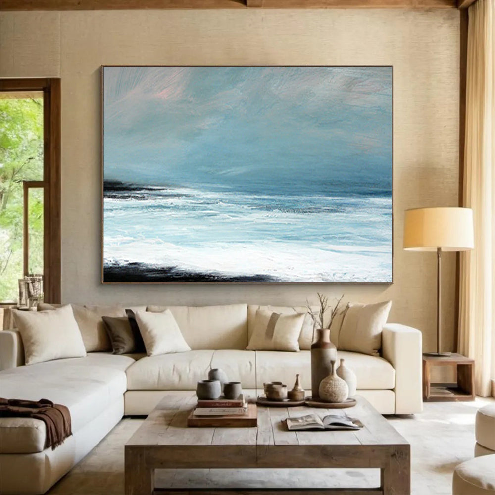 “Light Blue, White, Calm Ocean ‘Serene Seaside Hush’” - Minimalist Seascape Painting On Canvas DLZ032