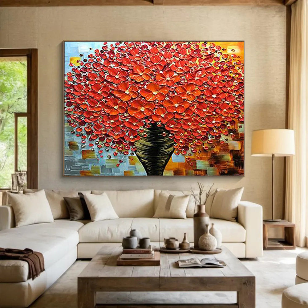 Red Flower Tree in Vase - Impasto Floral Painting On Canvas DLZ226