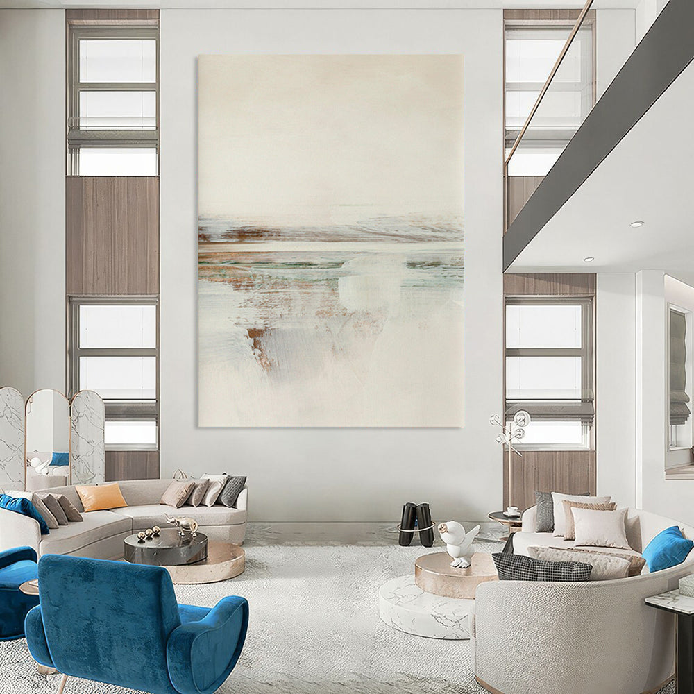 “Soft Tones Coastal View” - Beige, Blue, Green Abstract Landscape Painting On Canvas DTP225