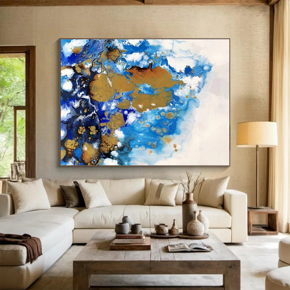 “Blue, Gold, and White Fluid Abstract” Painting On Canvas DKH167